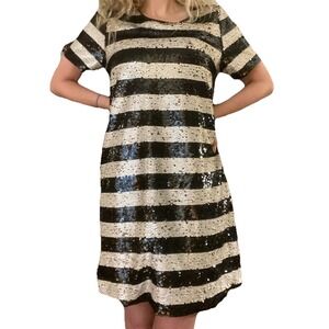 Retro Black & White Striped Sequin Dress Small